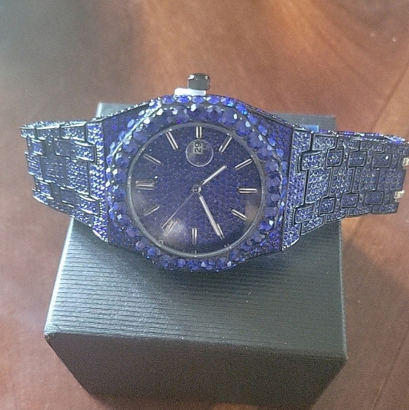 Mens Luxury Full Ice Electric BlueSimulated Diamond Hip Hop Bling Quartz Watch - Picture 9 of 12